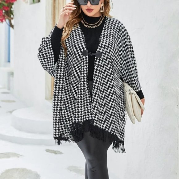 Plus Size black white Houndstooth Fringe Trim Cape Wrap jacket Coat - Picture 5 of 5
